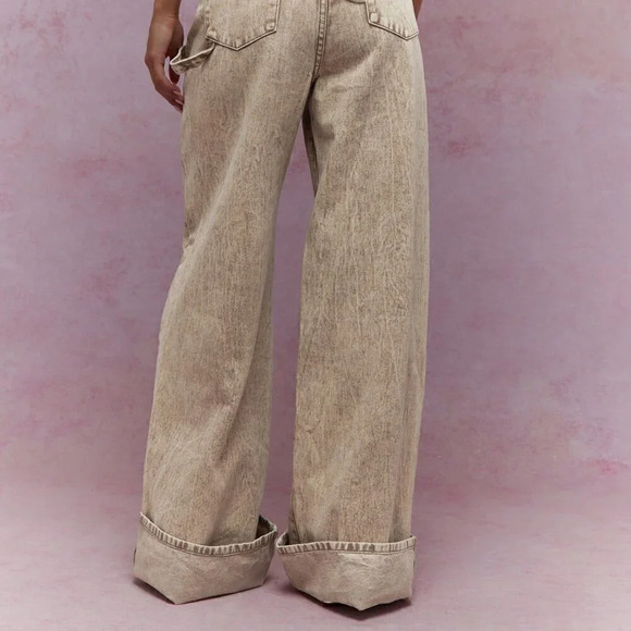 Khaki Casual Women's Washed Folded Hem Straight Leg Jeans - Picture 3 of 4